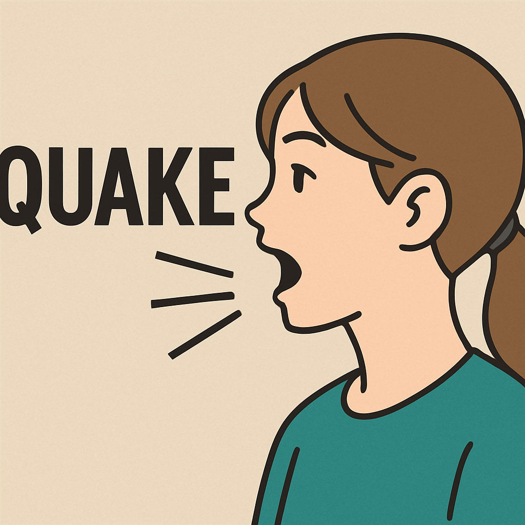 若い女性が「QUAKE」と発声する様子を描いたイラスト。言葉の意味や発音を表現する教育的ビジュアル(AI生成)