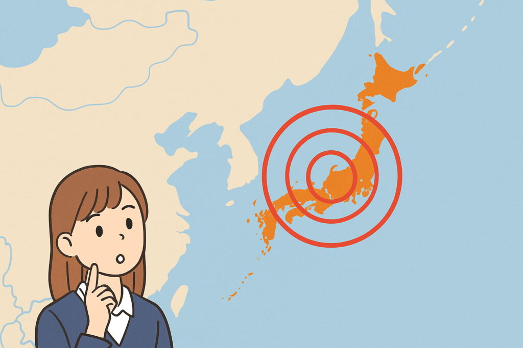 日本列島の上に地震の震央を示す赤い波紋が描かれた地図と、それを見つめる女子生徒のイラスト(AI生成)