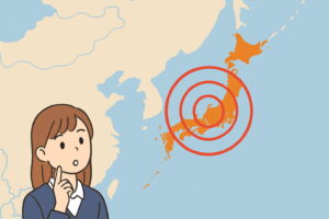 日本列島の上に地震の震央を示す赤い波紋が描かれた地図と、それを見つめる女子生徒のイラスト（AI生成）