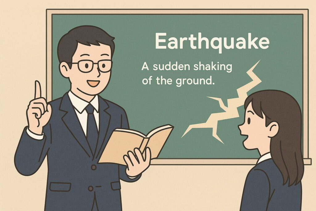 教室で先生が黒板の前に立ち、「earthquake」の定義を生徒にわかりやすく説明している場面のイラスト(AI生成)