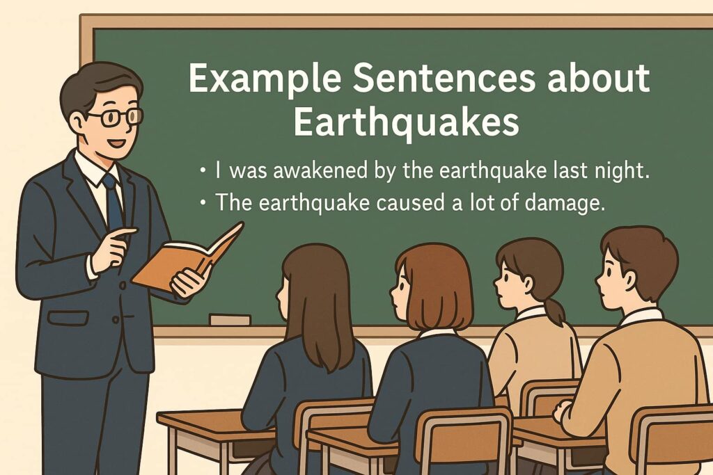 教室で先生が黒板に地震に関する例文を説明しながら、生徒たちが真剣に聞いている授業風景のイラスト(AI生成)