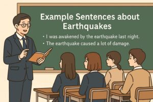 教室で先生が黒板に地震に関する例文を説明しながら、生徒たちが真剣に聞いている授業風景のイラスト（AI生成）