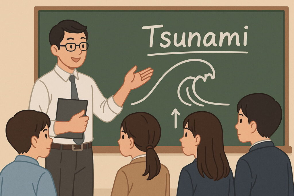 津波の仕組みを黒板に描いて説明する教師と、興味深く聞いている生徒たちの教室風景イラスト(AI生成)
