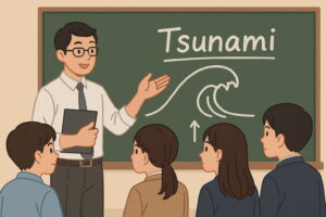 津波の仕組みを黒板に描いて説明する教師と、興味深く聞いている生徒たちの教室風景イラスト（AI生成）