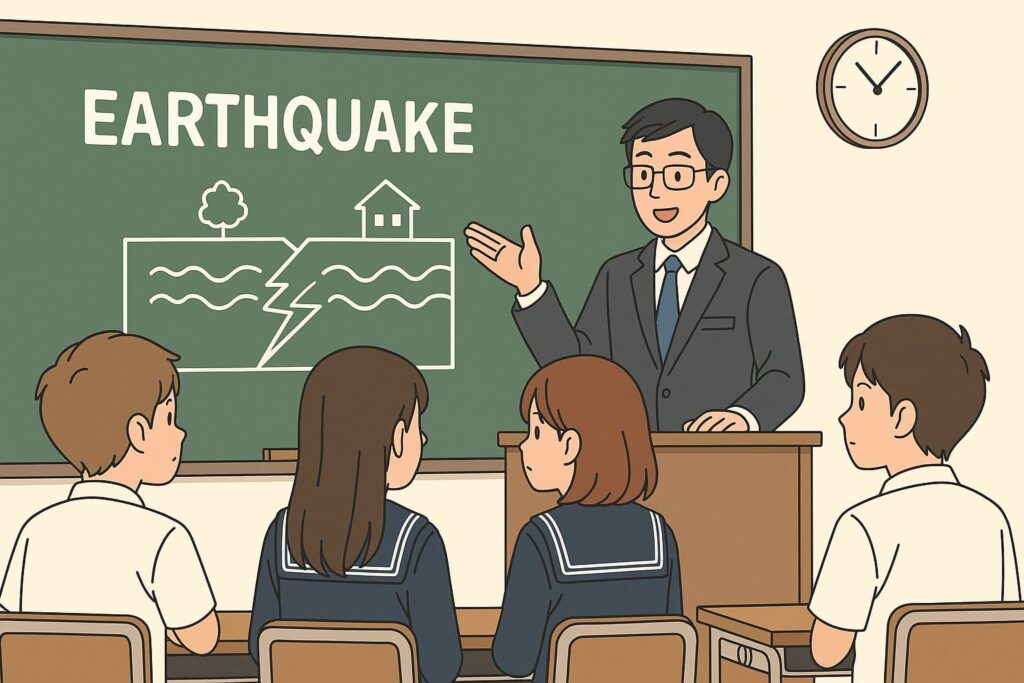 海外で地震の仕組みを説明する授業風景をイメージした、日本の高校教室の教育的なイラスト(AI生成)