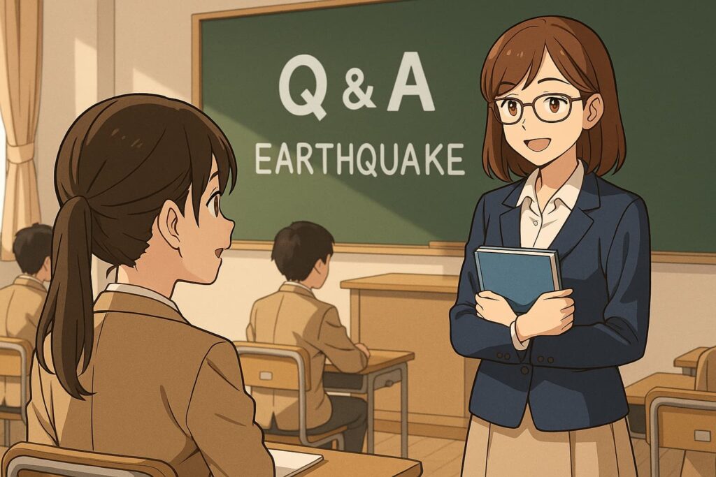 女子高生と女性教師が教室で地震に関するQ&Aを行っている教育的な雰囲気のイラスト(AI生成)