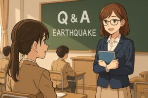女子高生と女性教師が教室で地震に関するQ&Aを行っている教育的な雰囲気のイラスト（AI生成）