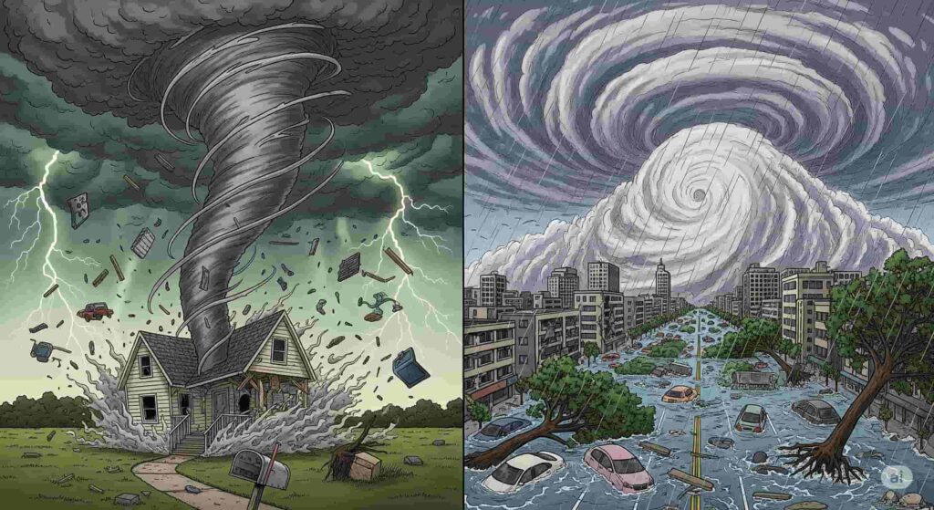 家屋を一瞬で破壊する竜巻と、都市全体に広範囲な被害をもたらす台風の様子を比較したイラスト