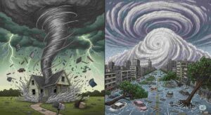 家屋を一瞬で破壊する竜巻と、都市全体に広範囲な被害をもたらす台風の様子を比較したイラスト