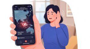 スマートフォンで地震速報アプリを確認する人のイラスト