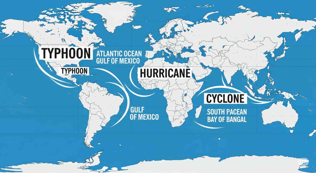 世界地図上の各地域に、台風、ハリケーン、サイクロンとそれぞれの呼び名が示されているイラスト