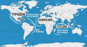 世界地図上の各地域に、台風、ハリケーン、サイクロンとそれぞれの呼び名が示されているイラスト