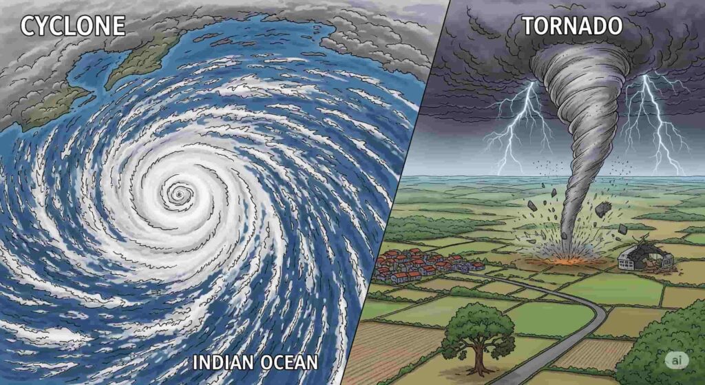 サイクロンは広範囲に、トルネード（竜巻）は局地的な渦巻きを意味