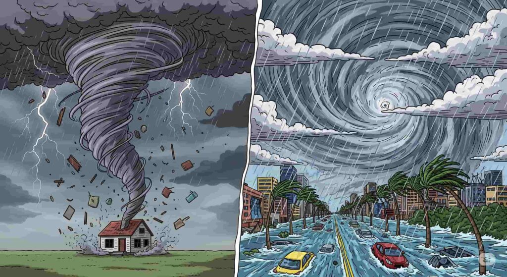 竜巻と台風は、規模と継続時間が大きく異なります。