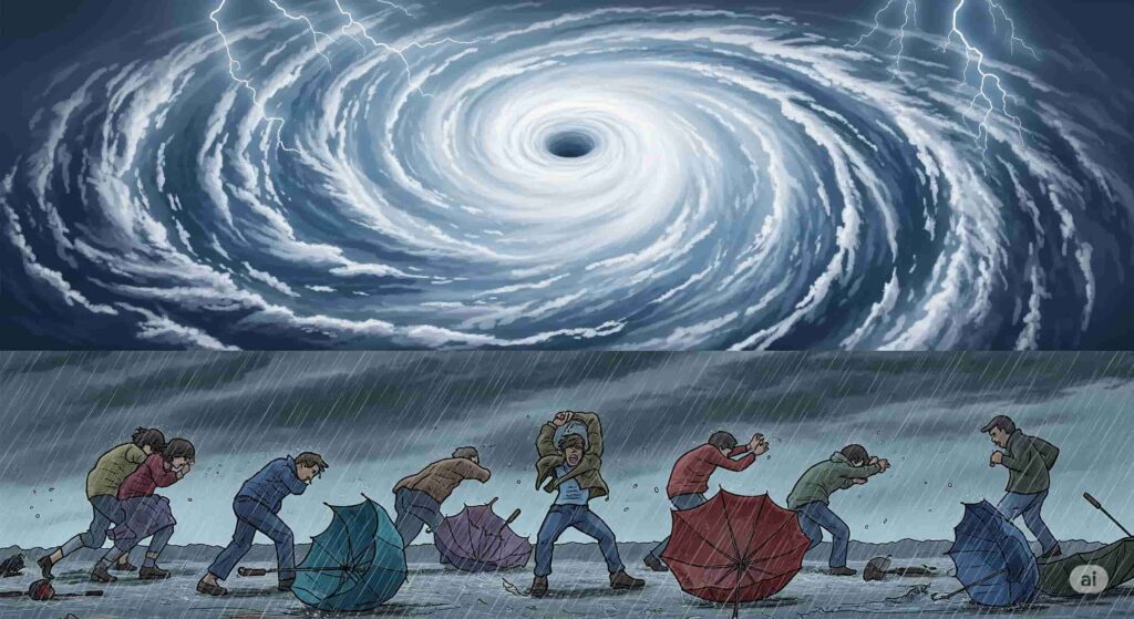 手前に雨風が強い中での日常的な嵐の様子、奥には空を覆う巨大なハリケーンの渦が描かれたイラスト