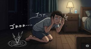 地面から聞こえる地鳴りの音に耳を傾ける人のイラスト