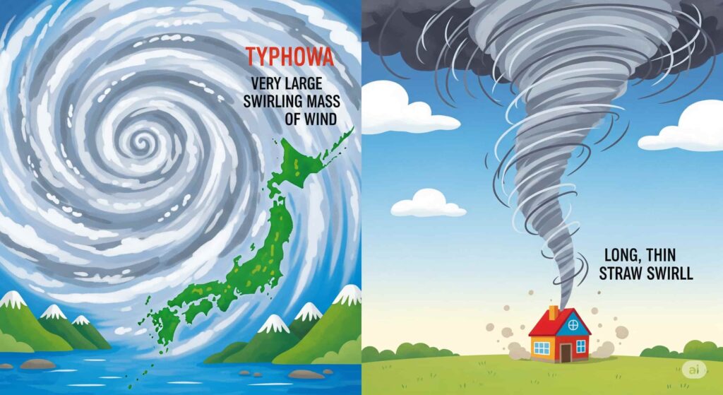 台風の大きな渦、竜巻の細長い渦イラスト