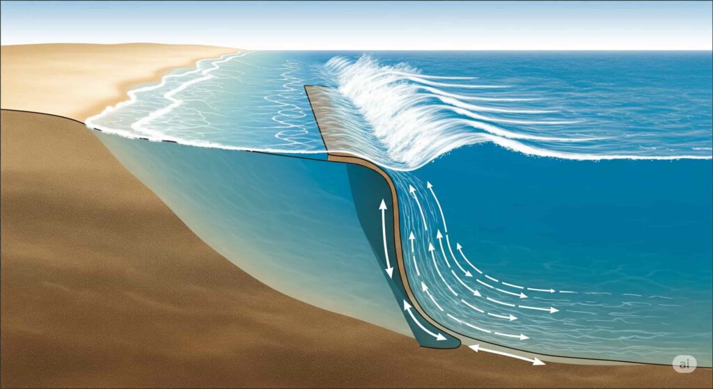 離岸流が発生する仕組みのイラスト。沖合の砂州にできた切れ目から海水が沖へ流れる様子
