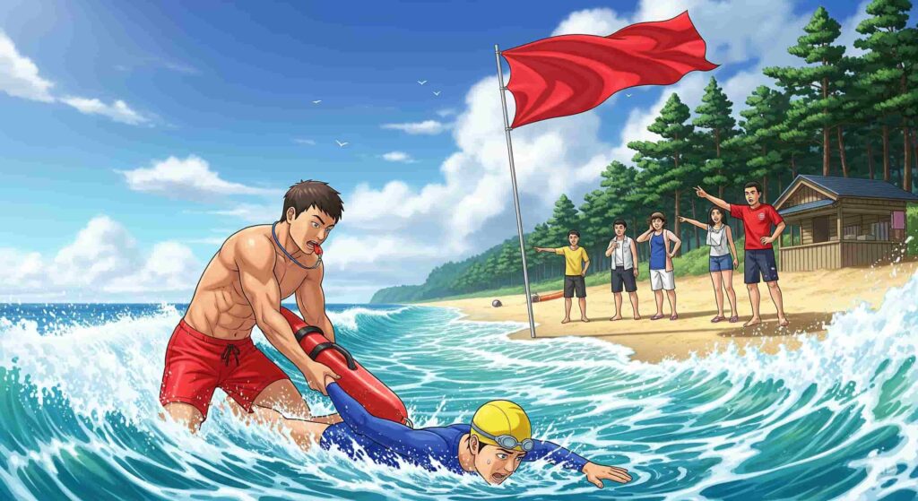 海水浴場で監視員が溺れた人を助けているイラスト