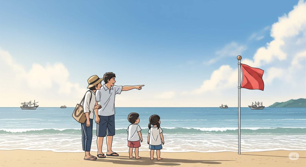 海水浴場で家族が監視員や警告旗を見て安全確認しているイラスト