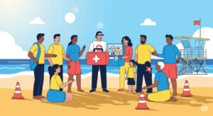 海水浴場でライフセーバーと海水浴客が安全について話しているイラスト