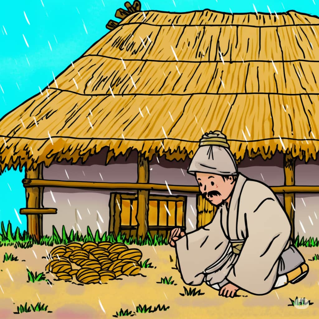 地面に耳を当てる昔の人とそれを見ているミミズ