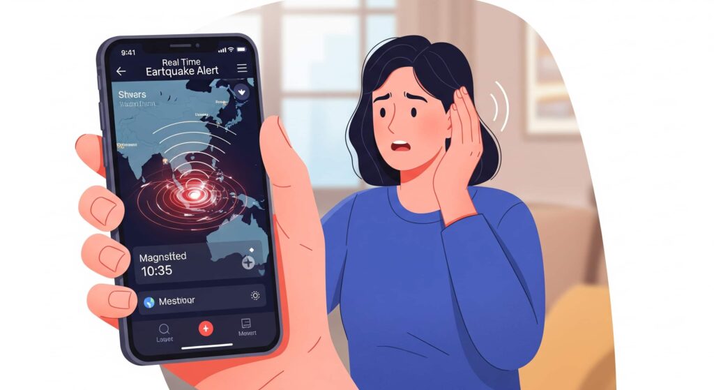 スマートフォンで地震速報アプリを確認する人のイラスト
