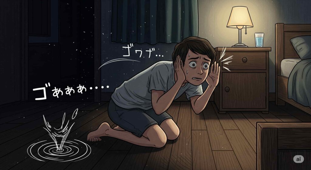 地面から聞こえる地鳴りの音に耳を傾ける人のイラスト
