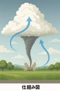 積乱雲の下で発生するトルネードの仕組みを示したイラスト