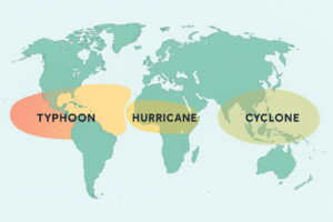 世界地図に台風・ハリケーン・サイクロンの発生地域を色分けして示したイラスト