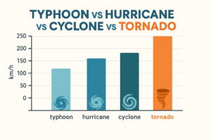 台風・ハリケーン・サイクロン・トルネードの風速と強さを棒グラフで比較した図解イラスト