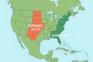 アメリカ中部のトルネード・アレーとカリブ海・アメリカ東海岸のハリケーン多発地域を示す地図イラスト
