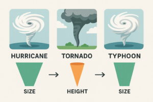 「ハリケーン・トルネード・タイフーンのスケールや特徴を比較する図解イラスト」