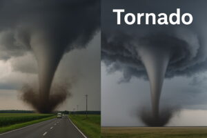「トルネードと竜巻を比較したビジュアル。片側にアメリカの竜巻、もう片側に“tornado”のイメージ」