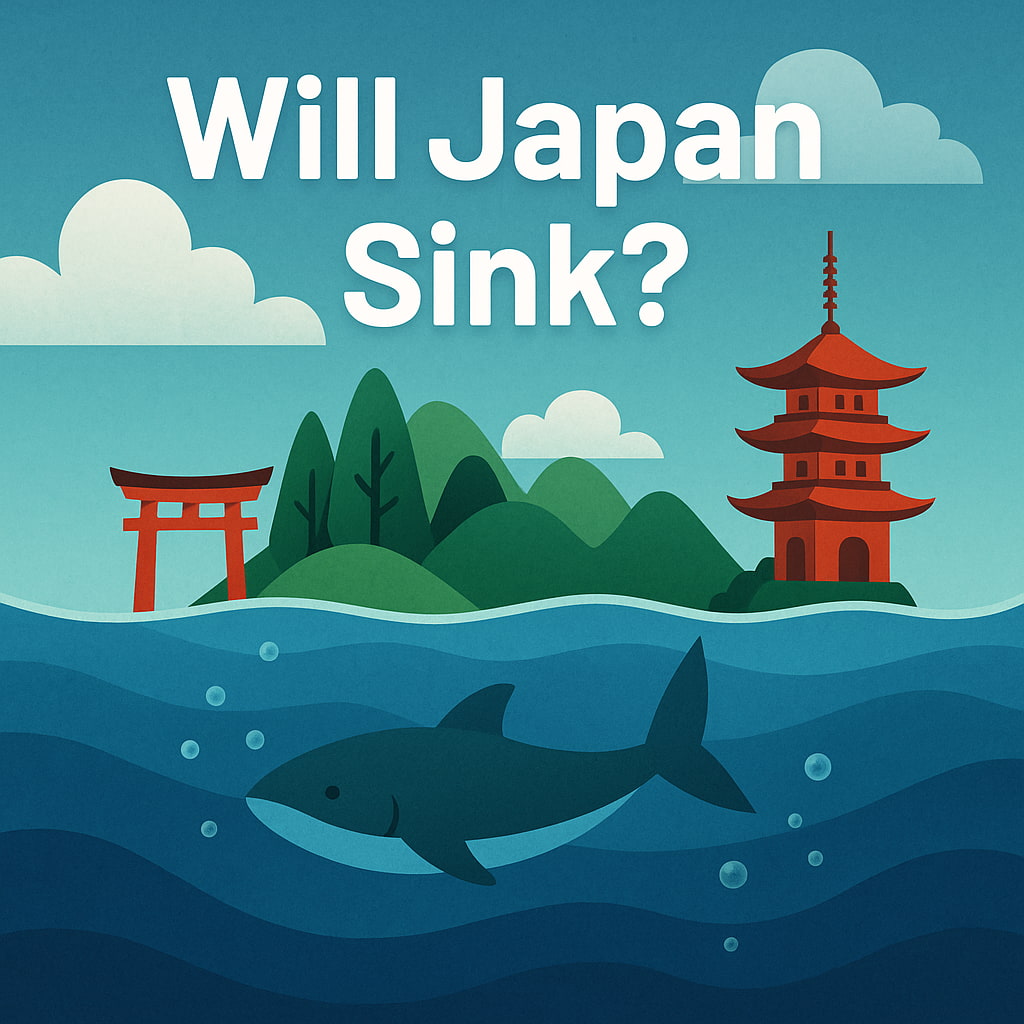 地球温暖化で海面上昇により日本が沈む可能性を示すイラスト。鳥居や五重塔が海の中に沈みかけ、海中には魚が泳いでいる。