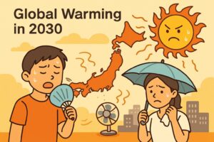 2030年の地球温暖化で日本の気温が上昇し、人々が暑さに苦しむ様子を描いたイラスト