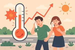 2025年の猛暑をイメージしたイラストで、灼熱の太陽と赤く照らされた都市風景の中で汗をかく人々を描いたもの