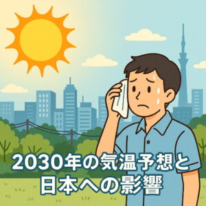 2030年の気温予想と日本への影響をイメージしたイラスト。灼熱の太陽の下で汗をかく男性と背景に日本の都市風景が描かれている。
