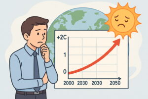 地球温暖化による未来の気温上昇を示すイラスト風のグラフ。2030年や2050年の気温予測を視覚的に理解できるように描かれている。