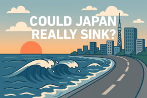 日本の沿岸都市が海面上昇で水没する可能性を示すイラスト
