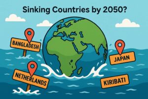 2050年までに海面上昇で沈む危険性が高い国々を地球儀とともに示したイラスト