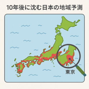 日本地図における海面上昇による浸水予測地域を示したイラスト。東京湾や大阪湾など沿岸部が赤色で強調されている。