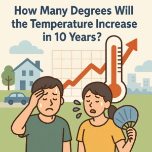 10年後に気温が何度上がるかをイラストで表現。大きな温度計と赤い上昇グラフ、汗をかき暑さに苦しむ男女が描かれている。