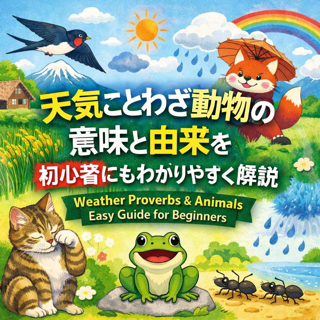 富士山と日本の田舎風景を背景に、ツバメ、猫、傘をさしたキツネなどの動物と太陽や雨、虹が同時に描かれた天気ことわざのイメージイラスト