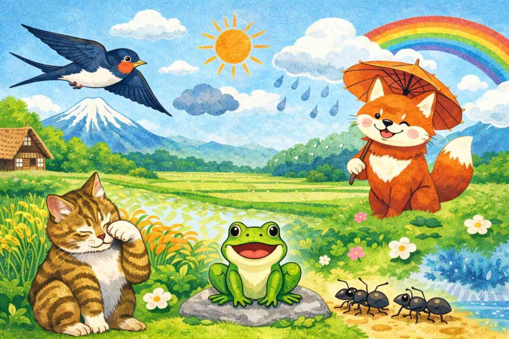 日本の田園風景の中で、顔を洗う猫やカエル、アリ、傘を持つキツネなど天気に関係する動物が描かれたイラスト