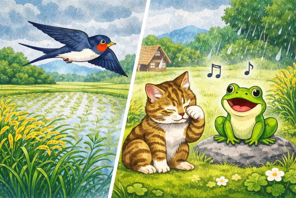 日本の田園風景の中で、低く飛ぶツバメ、顔を洗う猫、雨の中で鳴くカエルが描かれた天気と動物の関係を表すイラスト