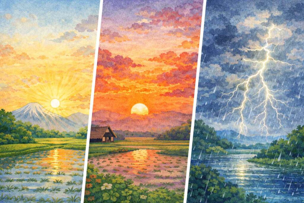 朝焼け・夕焼け・雷雨の天気変化を日本の風景で表現したイラスト