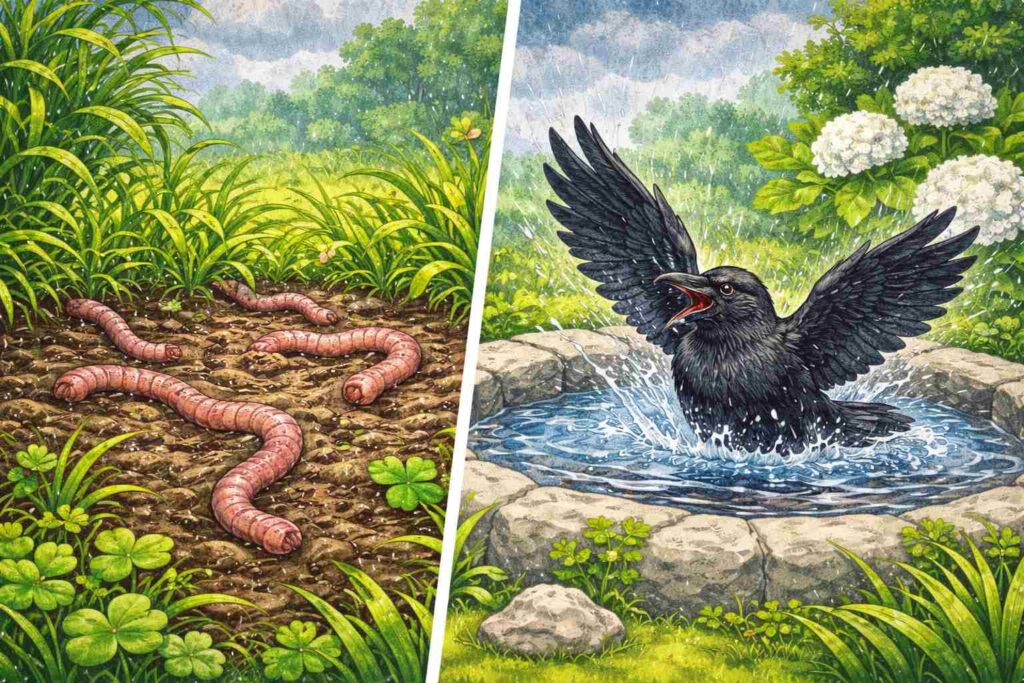 雨の前兆としてミミズが地面に出てきたりカラスが水浴びする様子を描いたイラスト
