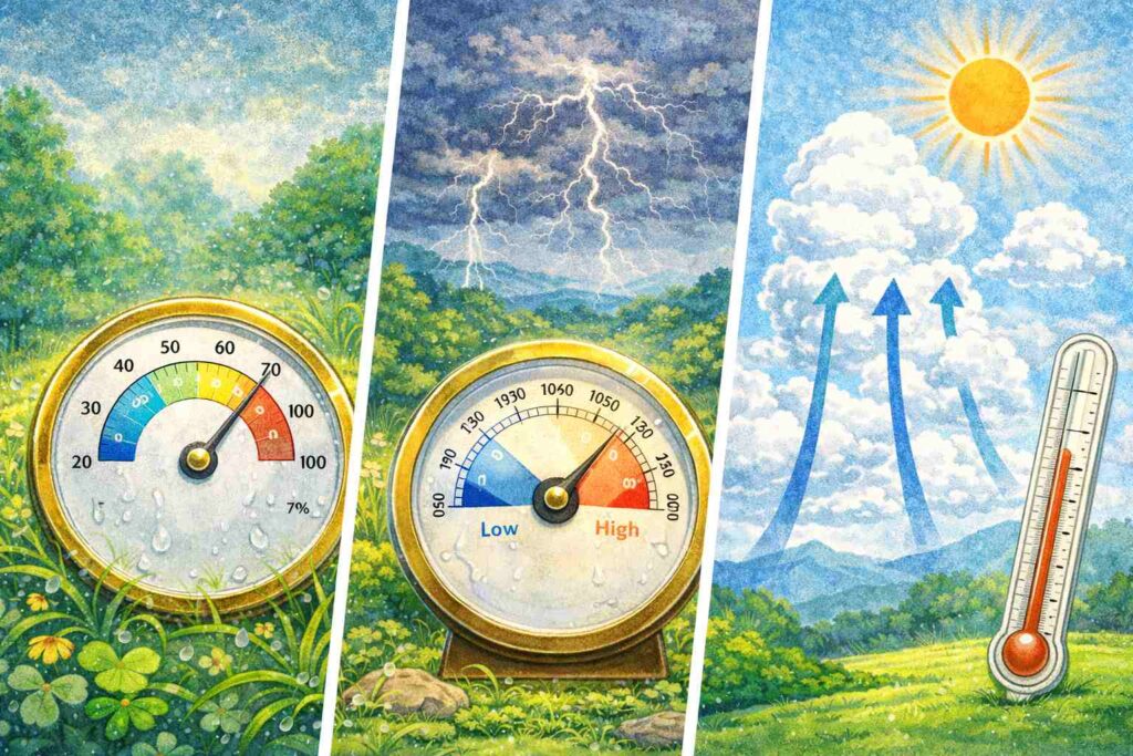 湿度計や気圧計、雲と太陽が描かれた天気の仕組みを表すイラスト