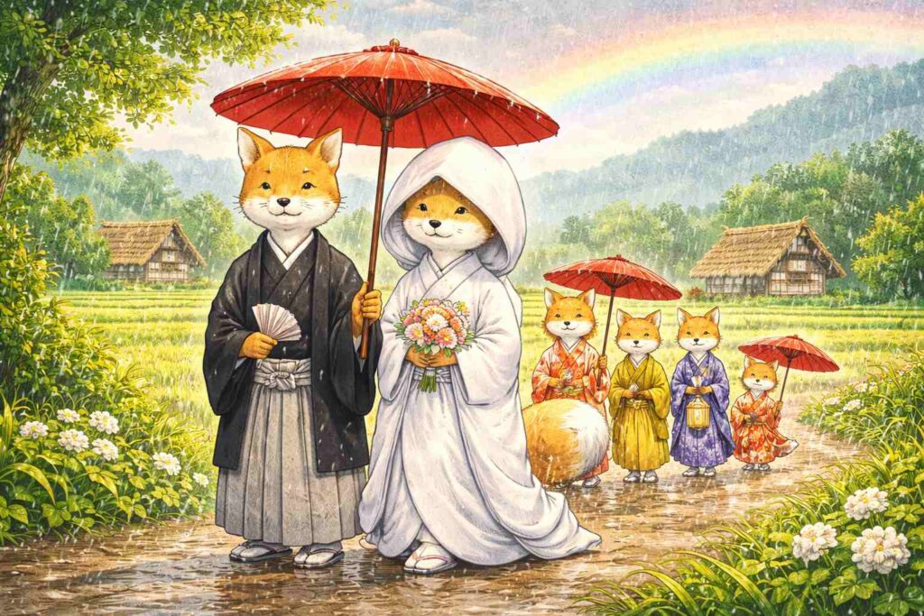 晴れているのに雨が降る中で、和装のキツネたちが行列する狐の嫁入りを描いた日本の風景イラスト
